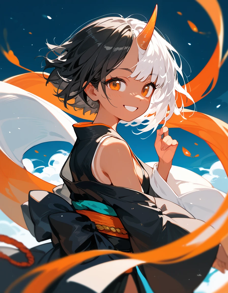  girl with white hair, short hair ,Tanned,In the orange eyes,, small breasts ,Kimono set,There is only one horn, black., black hair,smile