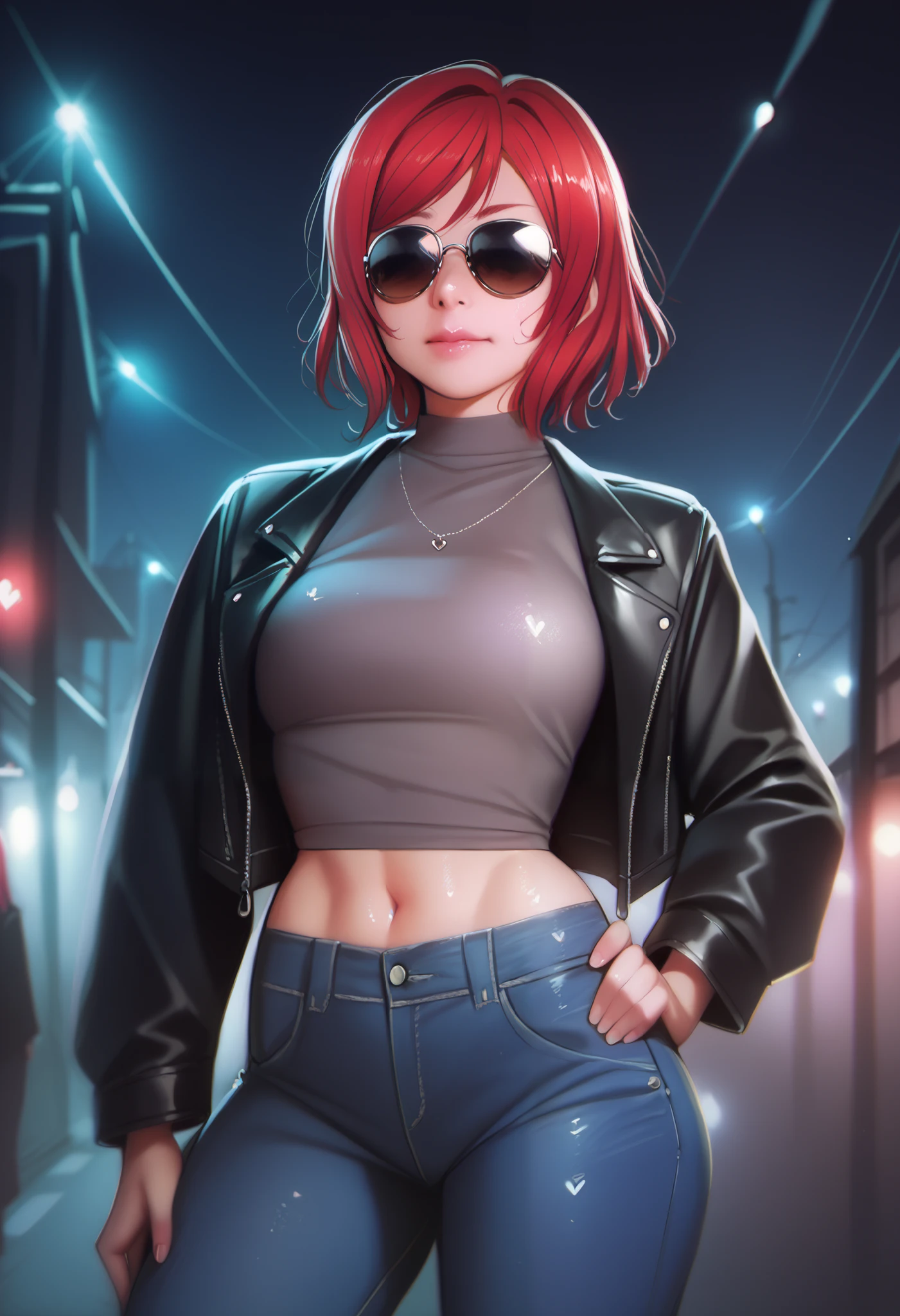 Nishikino maki, covered eyes, love live , (midriff:0.5), detailed body, shiny skin , standing , black leather jacket over a dark grey shirt, black jeans pants, sunglasses, night  ,p4l0m4,one hand on hip,red hair