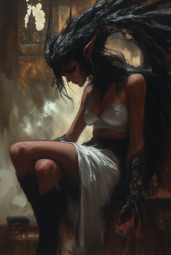 Close up, profile portrait of female Dark angel, Black wings, Black makeup, white tunic, deep neckline, naughty angry look, smoking cigarette,  crossed legs, empty bottle of whisky, fantasy Dark horror, abstract colors, hard brush oil painting on canvas, Dark and muted colors, Dark aura, light mistic mist dnddarkestfantasy, hkevil, 