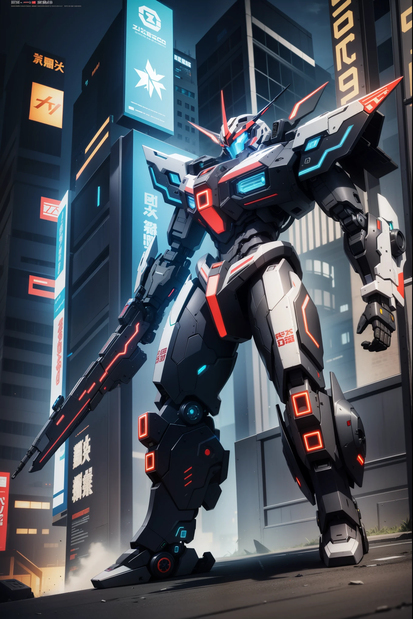 extreme quality, intricate details, full body mecha photo, neon cyber punk mecha, circuit armor, digital weapons, cyber punk neo Tokyo, cinematic lighting, volumetric lighting