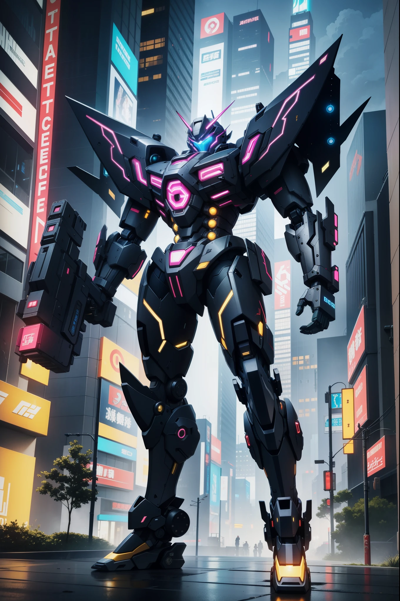 extreme quality, intricate details, full body mecha photo, neon cyber punk mecha, circuit armor, digital weapons, cyber punk neo Tokyo, cinematic lighting, volumetric lighting