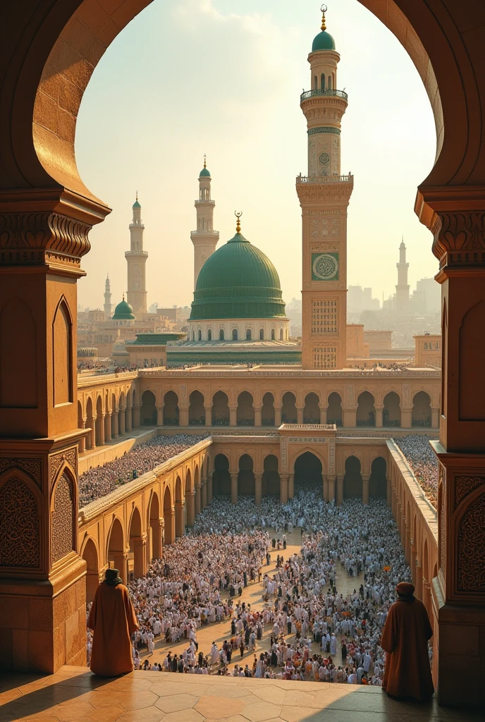 A detailed image of the Prophet’s Mosque in Medina at sunset, highlighting the minarets and the green dome.
