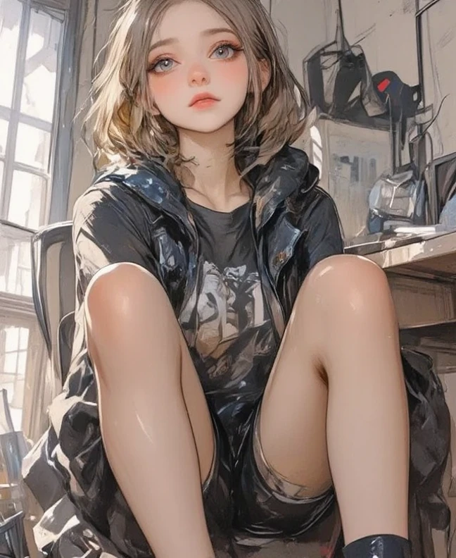 (1 girl) 、Create an "school" scene where a beautiful dark gray-eyed Japanese young highschool girl .gold color highlight hair,ash gold color hair,hairstyle、 (Flat Color:1.6),(((upper body))),(ultrafine sketch line art:1.6),(dynamic angle),お尻を突き出す,high-technology sneakers,black socks
BRAKE
、 1 girl, alone, ((sitting)),(dynamic angle:0.9) 、1woman 、 (dutch angle ,dynamic pose:1.3) ,(small eyes:1.1)

break  
、beautiful absurdres 、highres extremely detailed 、high quality 、simple background 、4K 、8k 、wallpaper 
、
break 
  , (( from below )),cute face, top quality，​masterpiece、****ars old
