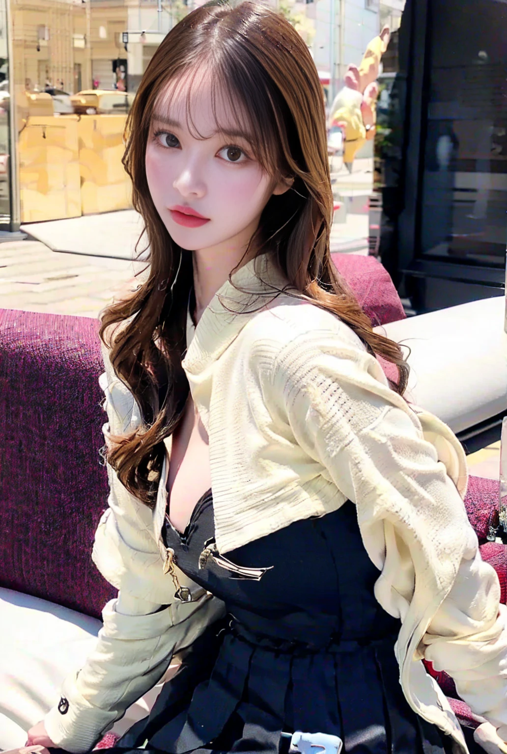 (8k,RAW Photos,Like the picture:1.45),masterpiece,Highest quality,wonderful,(セクシーなMature Woman:1),(Mature Woman:1.3), (Japanese women.1.3)、(((very, very大きい胸)))、(((Extremely lewd and very huge boobs)))、(((Very deep cleavage)))、Hyper Real、In her spacious office、A beautiful and dignified smile、Beautiful white skin、Beautiful, delicate and precise skin texture、With long, fluffy, beautiful brown hair(ponytail:1.0)、Beautiful Japanese Women、(Big Ass)、Thick thighs、Bright red lips、Gold small star shaped earrings、Gold bracelet、Gold Necklace、{Dark royal blue suit((White blouse))},