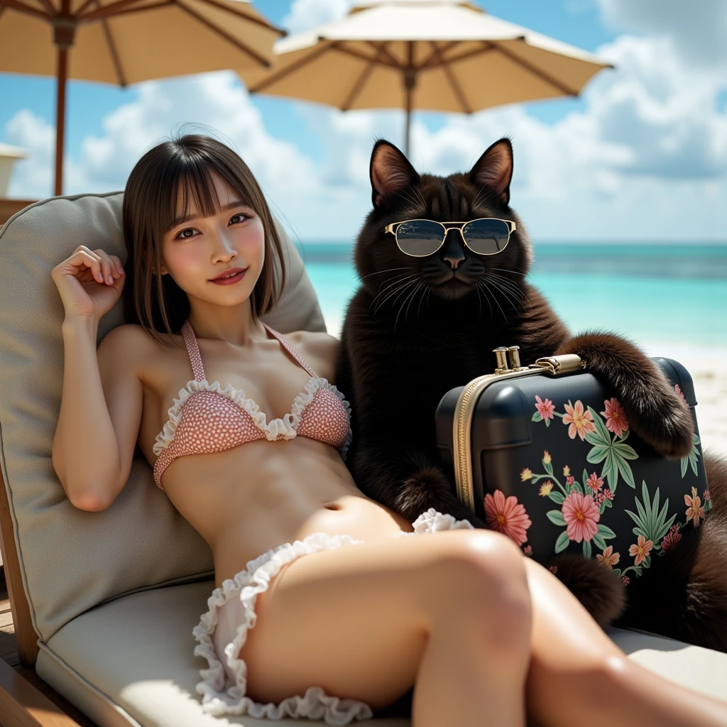 ultra-realistic, photorealistic, dramatic scene, shadow, global-illumination, solo, 1 girl\( 20 years old Japanese beautiful girl, beautiful with cute face, wearing a cute dot patterned bikini with frills, shoulder-length brown hair, accessories, elegant hat, sunglasses\), 1 human-like giant black cat\( human-like giant black cat, tropical patterned men's swimming wear, slight taller than the girl, with her, sunglasses, holding a large suits case, little chubby\), the girl and human-like giant black cat are lying on the gorgeous lounge chair at the pool side of the luxury resort hotel in Maldives, gorgeous stylish furnishings, famous 5-star hotel, amazing view of the ocean with private beach, parasols,