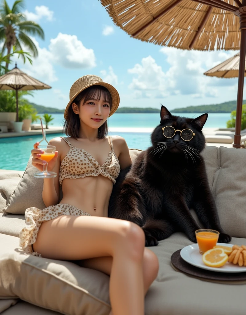 ultra-realistic, photorealistic, dramatic scene, shadow, global-illumination, solo, 1 girl\( 20 years old Japanese beautiful girl, beautiful with cute face, wearing a cute dot patterned bikini with frills, shoulder-length brown hair, accessories, elegant hat, sunglasses, holding a tropical cocktail\), 1 human-like giant black cat\( human-like giant black cat, swim trunks, slight taller than the girl, with her, sunglasses, little chubby\), the girl and human-like giant black cat are lying on the gorgeous lounge chair at the pool side of the luxury resort hotel in Maldives, gorgeous stylish furnishings, famous 5-star hotel, amazing view of the ocean with private beach, parasols, some snacks on the small table