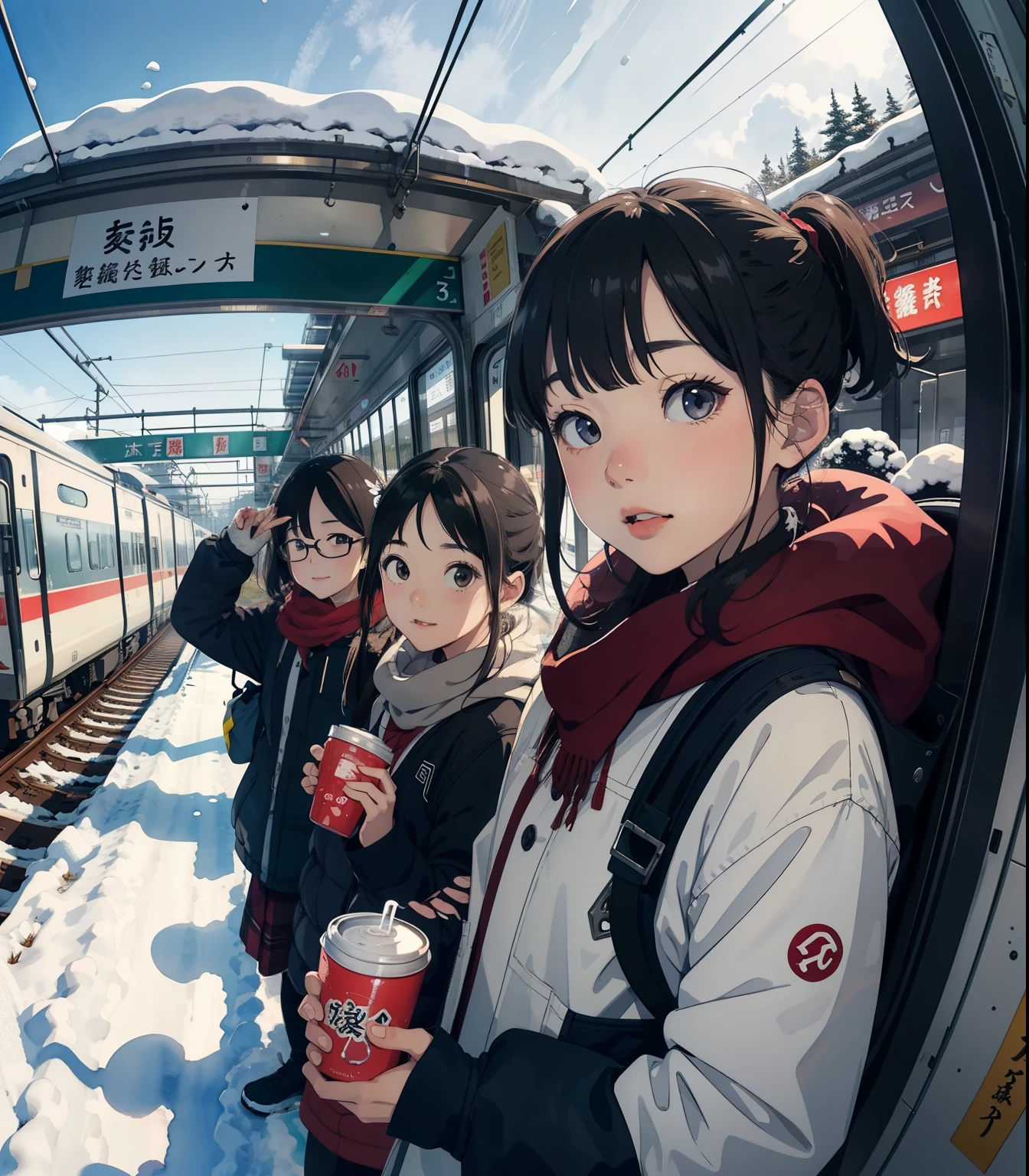 masterpiece， Top Quality ，   high image quality ，(  super flat  ，  FLAT SHADING   )，  fisheye lens，They look like they're on the train station platform 、 and you can see the rural scenery of Japan in the winter ，Japanese beverage vending machine,   Retro Style  ， several female ********************** who seem to enjoy going to school，snow景色，snow，  bright color，watercolor,   Ghibli style，Strong winds，  girl  &#39;Lure，