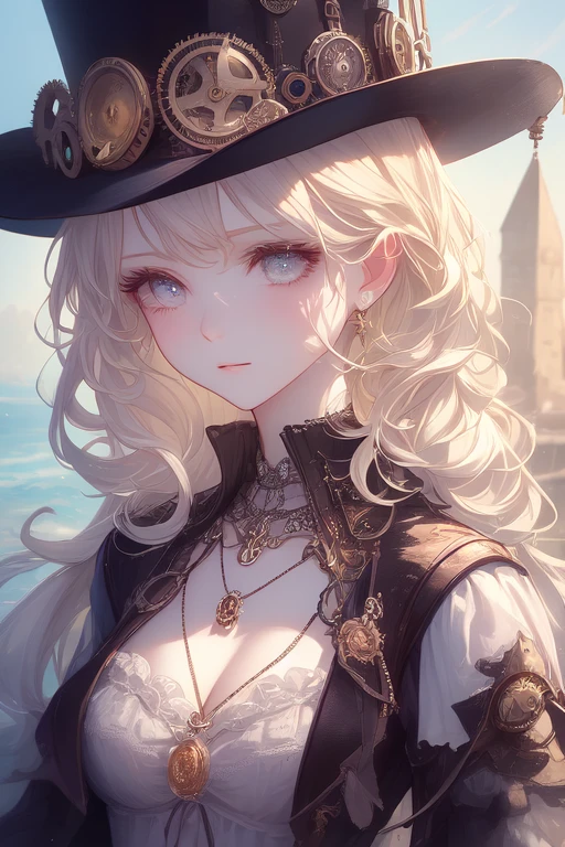 close-up,  blond short curly  girl with straight hair little red hat, Necklace Watch, (  Victorian Era ), (( steampunk)),   Cinematography  , Worked,  elegant , Close up portrait of ,  amazing on the beach,  Maximum Details ,  Extremely Hyper Aesthetic ,  in fine detail, Many gears, Old town background