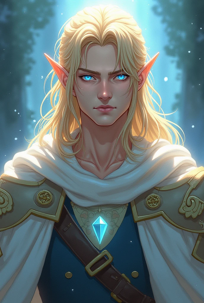 An elf male, long messy wavy blonde hair, blue eyes and a seemingly heavenly aura, a paladin, he has androgynous features yet has a more matured and defined fetaures—all in  semi-realistic anime art