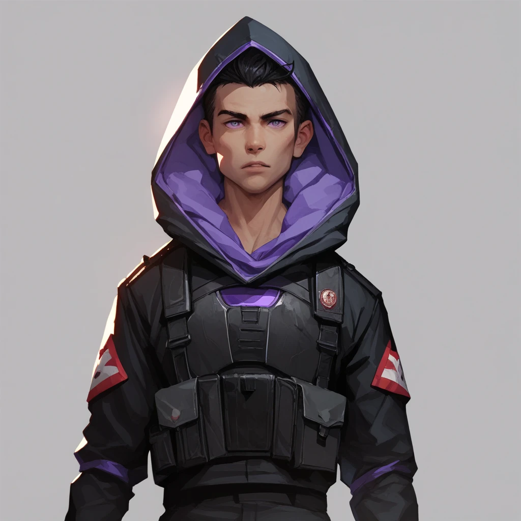 Human Male ,Short Black hair, Black Uniform soldier ,Purple pupils  , hood , 