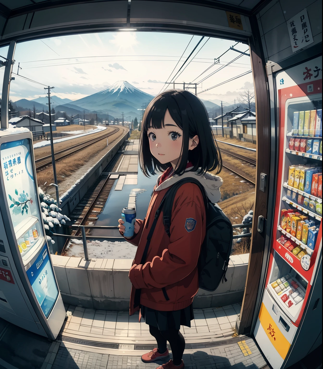 masterpiece， Top Quality ，   high image quality ，(  super flat  ，  FLAT SHADING   )，  fisheye lens，They look like they're on the train station platform 、 and you can see the rural scenery of Japan in the winter ，Japanese beverage vending machine,   Retro Style  ， several female ********************** who seem to enjoy going to school，snow景色，snow，  bright color，watercolor,   Ghibli style，Strong winds，  girl  &#39;Lure，