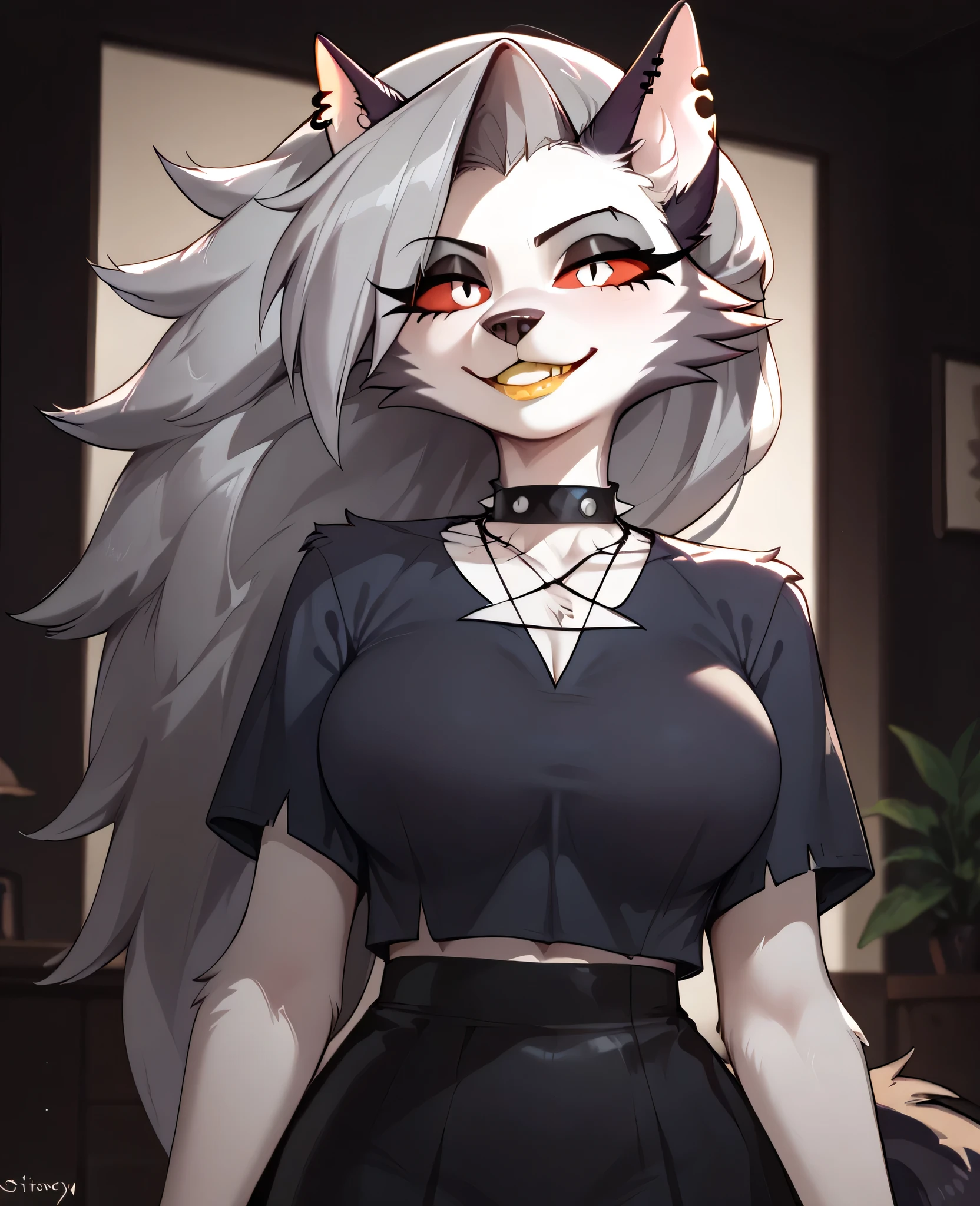 ,long eyelashes, woman, solo, hairy female, wolf girl, red eyes, red sclera, gray hair, long hair, bangs, wolf ears, wolf tail, body hair, gray fur, two-tone fur, white fur, spiky necklace, snout, animal nose, ear piercing, yellow lipstick, big breasts, anime style, Loona, black skirt, happy, gray top