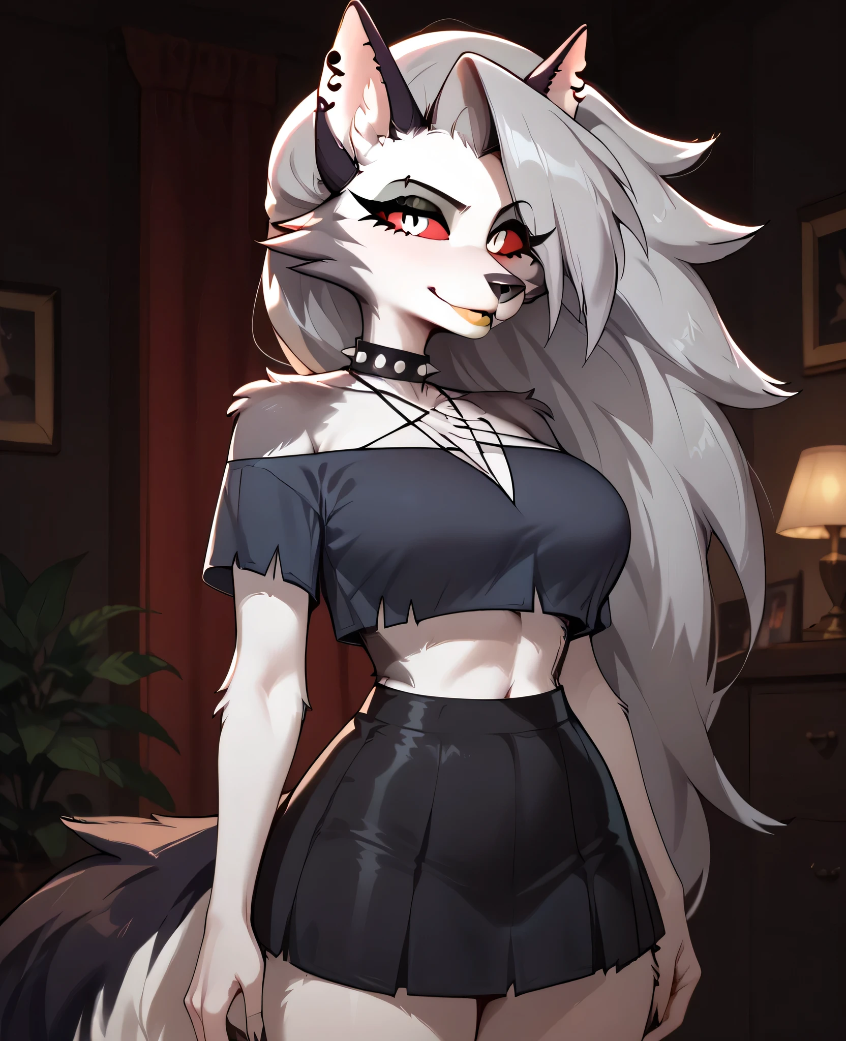 ,long eyelashes, woman, solo, hairy female, wolf girl, red eyes, red sclera, gray hair, long hair, bangs, wolf ears, wolf tail, body hair, gray fur, two-tone fur, white fur, spiky necklace, snout, animal nose, ear piercing, yellow lipstick, big breasts, anime style, Loona, black skirt, happy, gray top