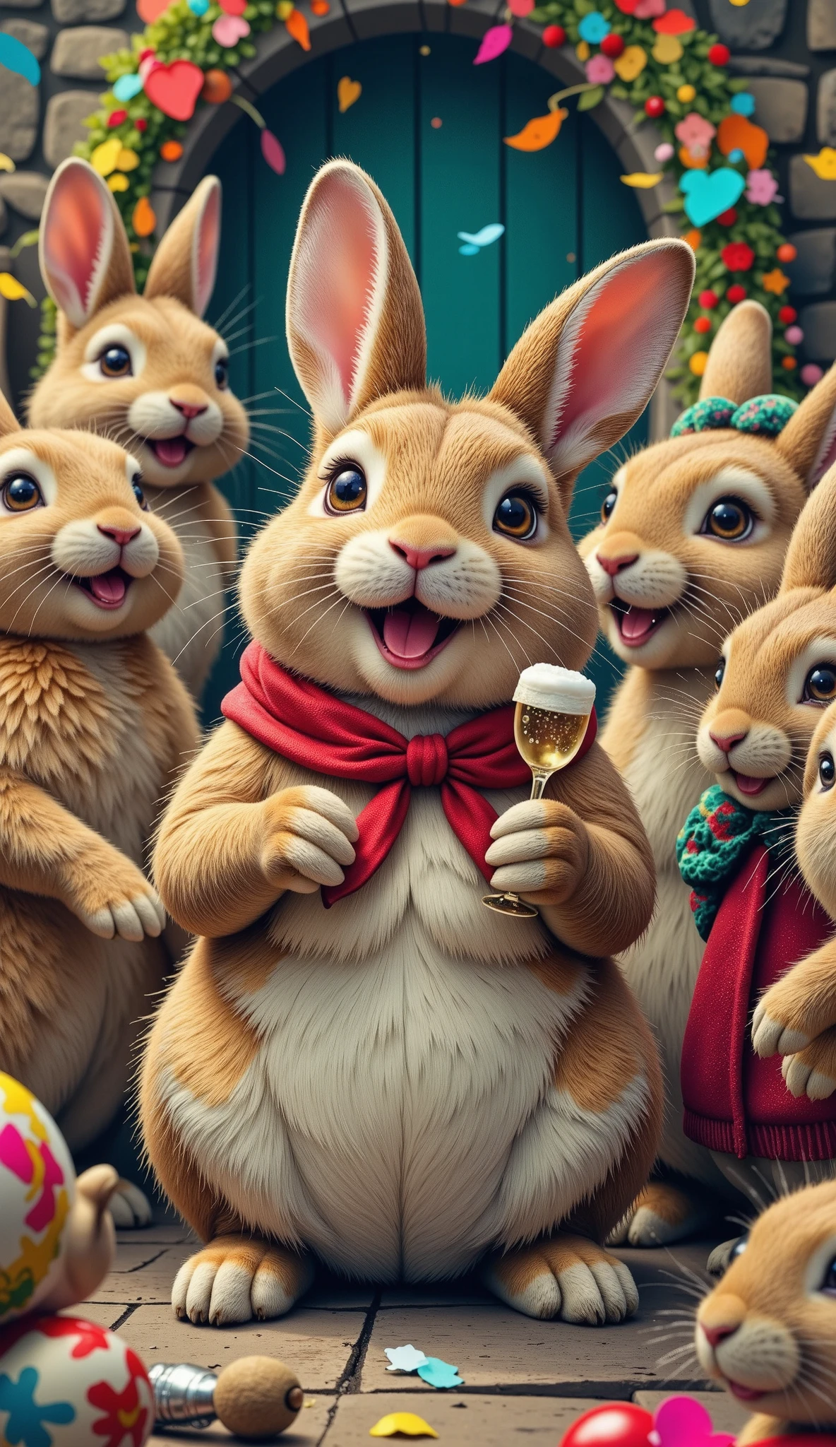 a joyful end of year fiesta in a rabbit burrow, happy rabbits celebrating new year, garlands, champagne glasses, small rabbits playing, festive and cheerful atmosphere, idyllic fairytale style, detailed rabbits, cute and chubby rabbits, rabbits in various poses, warm lighting, vibrant colors, (best quality,8k,highres,masterpiece:1.2),ultra-detailed,(realistic,photorealistic:1.37),intricate details,dynamic composition,volumetric lighting,rich textures,vibrant colors,magical realism