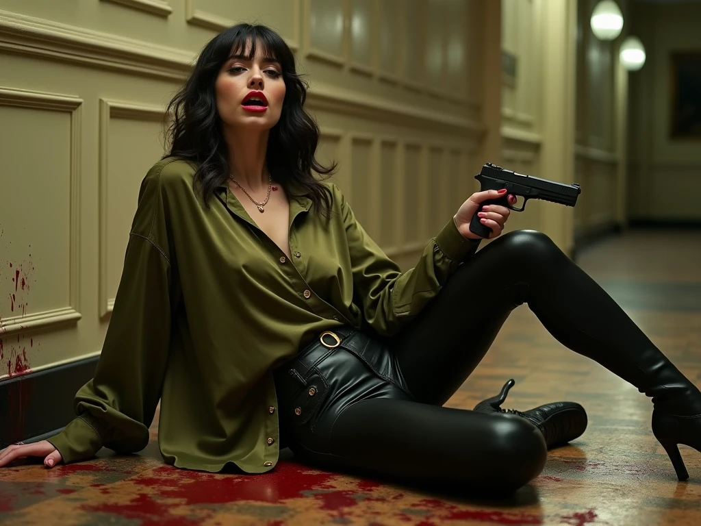 ultra realistic, photography, long black straight hair in a ponytail, elegant hair, (30 years old, hazel eyes, hourglass figure, perfect fit body, natural big breasts), femme fatale, long eyelashes, cat-eye make-up, she is dressed like a NYPD detective, under her trenchcoat her shirt is buttoned up, she has a badge on the trenchcoat, she is wearing elegant pants and high heels, she is at a homicide scene in an apartment, she is kneeling next to puddle of blood on the floor, there is a bloody arm laying on the floor in the puddle, she has a notepad in her hand and is taking notes, she is looking at the notes in her notebook, full body picture, wide angle