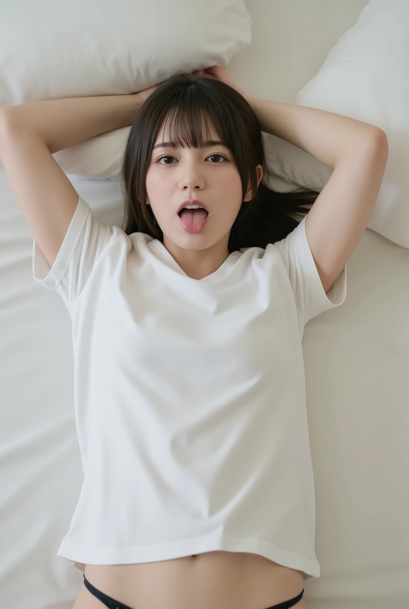 The high resolution photograph of a young Japanese woman, realistic, photo-realistic, masterpiece, best quality, intricate details, extremely detailed, sharp focus, professional lighting, (front view, from above:1.2), solo, 1girl, (lying in a bed, on back, head on pillow, sleeping posture:1.4), (tongue out, widely open mouth:1.5), slender body, small head, straight long black hair with blunt bangs, pale skin, fine-textured skin, shiny skin, natural make-up, tiny breasts, t-shirt, thong, poking nipples, seductive posing for gravure photography, anatomically correct proportions, indoors, home, bedroom,
