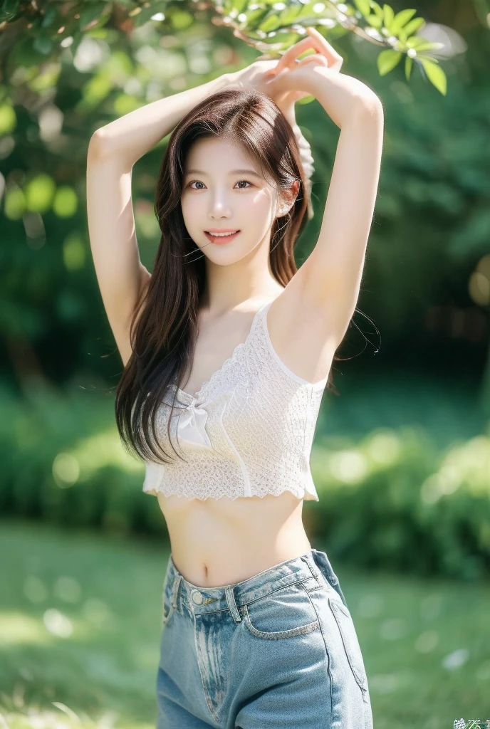 a young Japanese girl of 20 years old, lying on the grass, messy hair, arms open, barefoot, legs raised, eyes looking up, camera from above, crop top, very short skirt, cleavage, armpits, thighs, perfect body, cute, seductive smile, naughty face, pov, from above, Eye-Level Shot, masterpiece, UHD, super detail, high details, highres, 8k