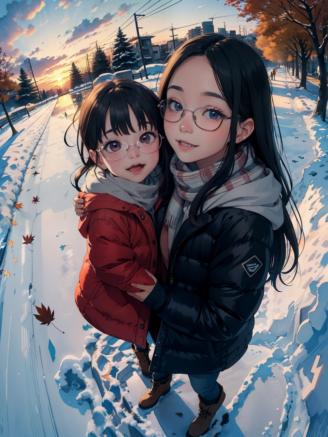 masterpiece， Top Quality ，   high image quality ，(  super flat  ，  FLAT SHADING   )，Glasses， beautiful dark hair，  fisheye lens， is a raised pig and her cute ****** daughter、Adorable petite young mother :1.25，  warm scarf  ，  Down Jacket，(naked)，  long hair，   boots，smile, smile，   White Breath，fun, play， looking over the autumn city from the park garden ， autumn leaves，Snow Scene，Autumn sky，dusk，   Beautiful Sunset  ，Wide angle，  bright color，watercolor,   Ghibli style，Strong winds，Girl Temptation，  girl  &#39;Lure，