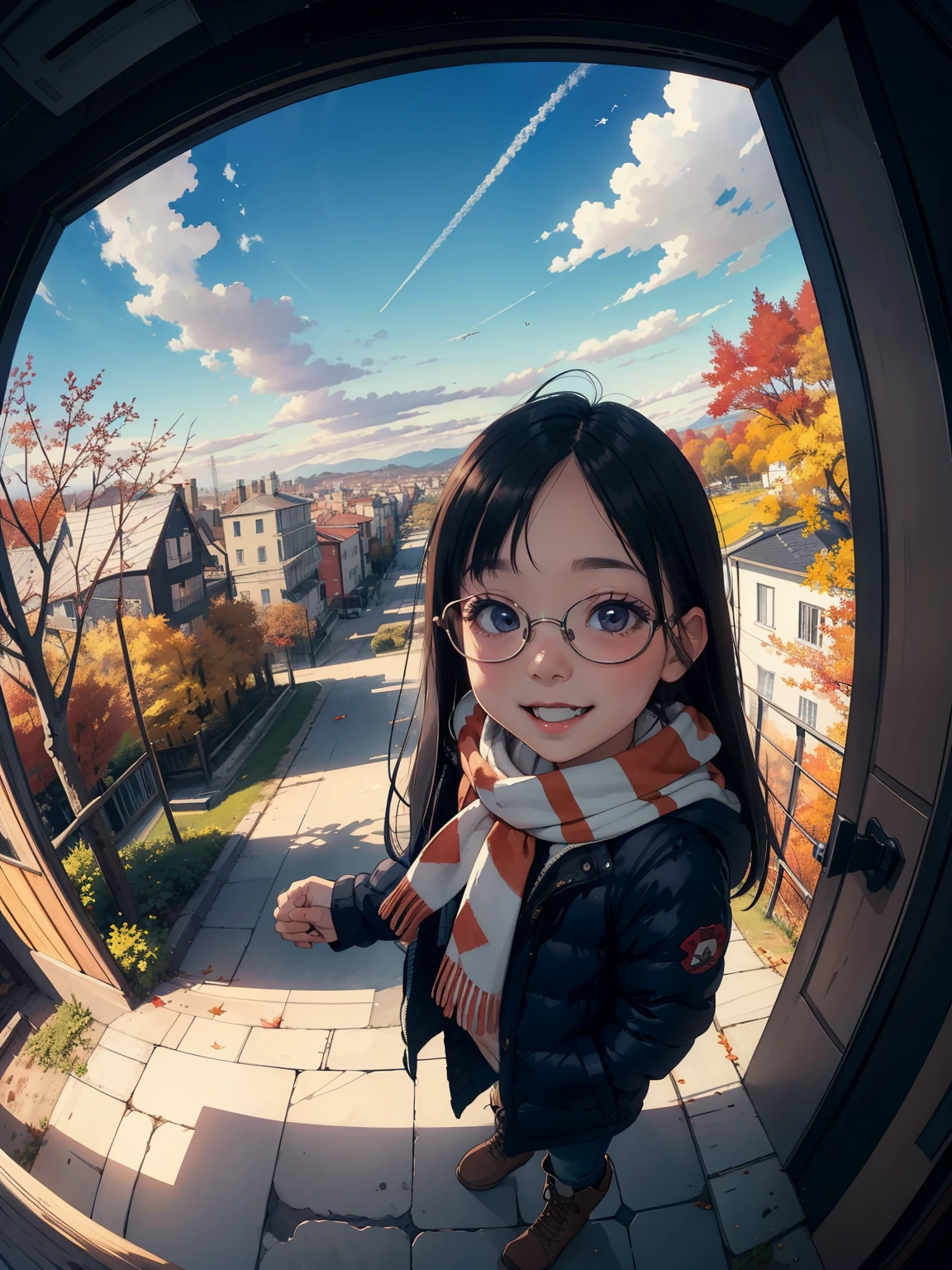 masterpiece， Top Quality ，   high image quality ，(  super flat  ，  FLAT SHADING   )，Glasses， beautiful dark hair，  fisheye lens， is a raised pig and her cute ****** daughter、Adorable petite young mother :1.25，  warm scarf  ，  Down Jacket，(naked)，  long hair，   boots，smile, smile，   White Breath，fun, play， looking over the autumn city from the park garden ， autumn leaves，Snow Scene，Autumn sky，dusk，   Beautiful Sunset  ，Wide angle，  bright color，watercolor,   Ghibli style，Strong winds，Girl Temptation，  girl  &#39;Lure，