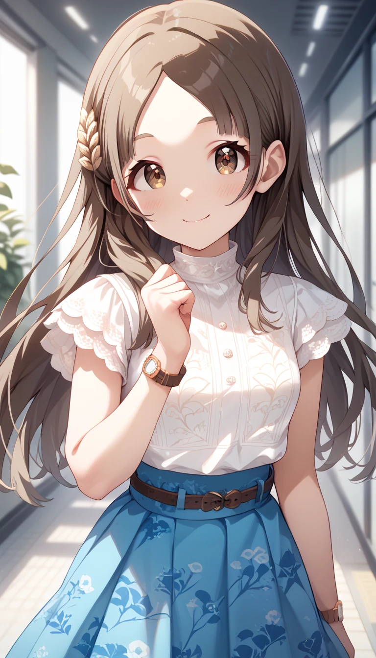 1girl, kuramoto china,gakuen idolmaster,, kuramoto china, aqua skirt, bangs, belt, blue skirt, blush, brown belt, brown eyes, brown hair, floral print, hair ornament, long hair, parted bangs, shirt, short sleeves, skirt, long skirt, very long hair, watch, white shirt, wristwatch,smile,happy,, long hair, looking at viewer, (small breast), solo, white background,masterpiece, best quality, good quality, newest,