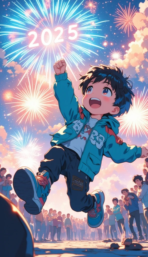 a chibi boy, big sneakers, excited, sporty jacket, jumps up, fireworks, crowd looking at boy, huge "2025" written in fireworks, "2025" written on t-shirt, low angle