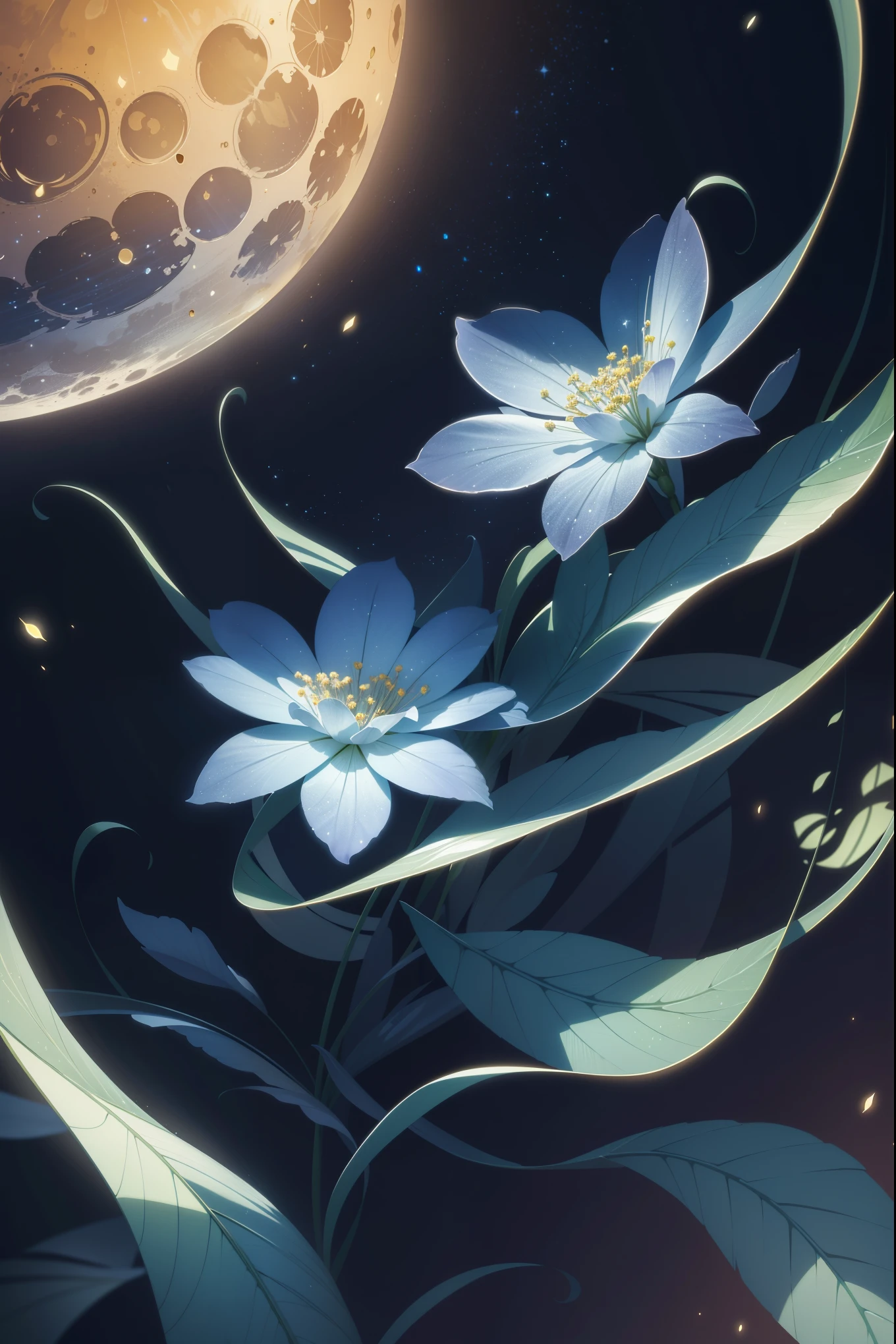 paint (strokes)+, atmosphere, nature scenery, aspect ratio 1:1, raytracing, Bokeh, smooth, (colorful), (detailed complex busy background: 0.8), fantasy flowers, (night:1.4), intricate details, beautiful glitters, flat illustration, detail, (ultra-detailed), photon mapping, ((intricate detail)), cinematic lighting, volumetric lighting, (big blue moon)