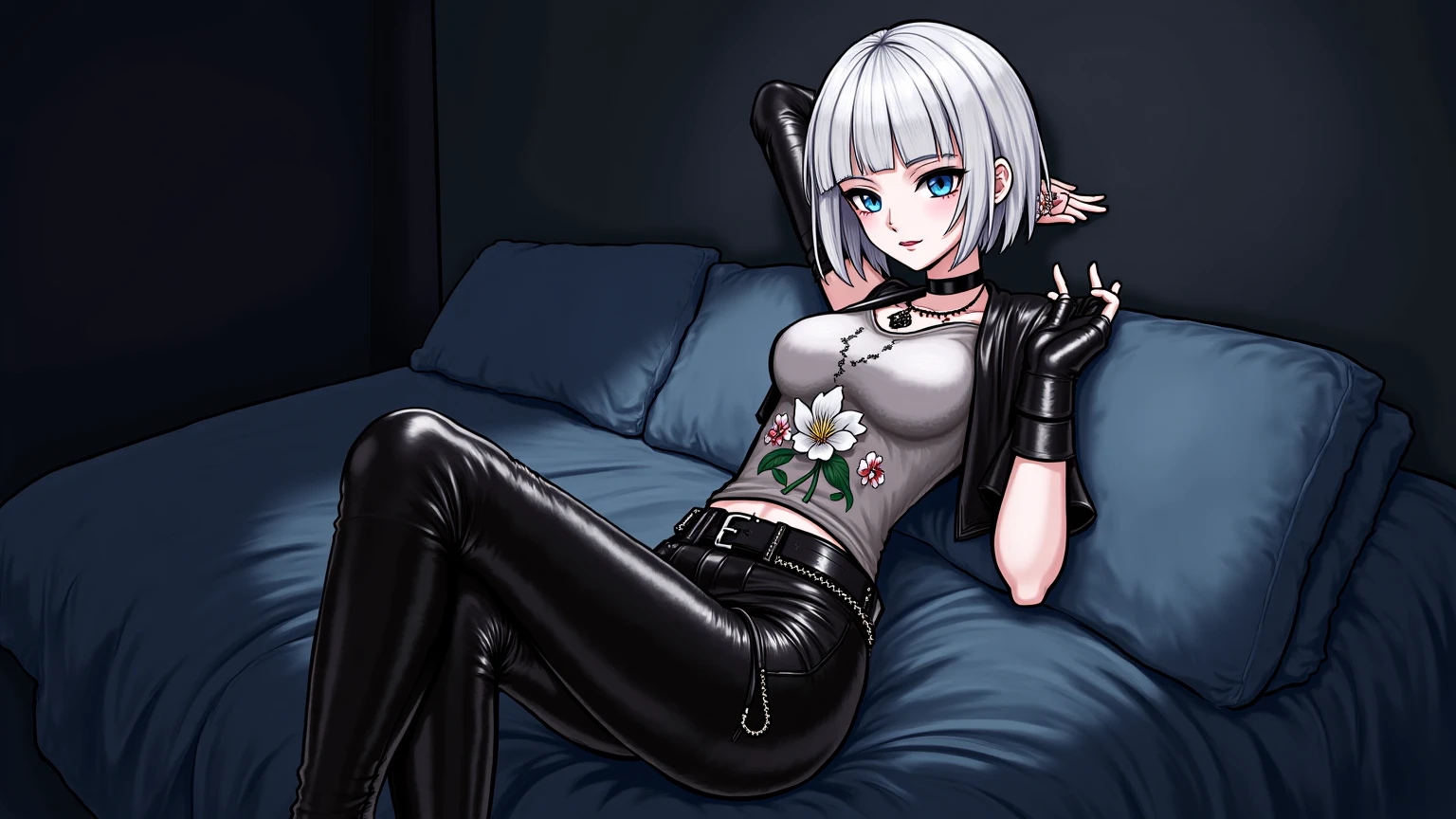 neferpitou, Short hair, (Red Eyes:1.5), Animal ears, hair between eye, tail, White hair, Cat ears, cat tail, Cat Girl, Curly hair, Sleeping in bed、One Piece Tights,Enamel suit、sexy facial expression、Seductive facial expressions、((ahe face))、small tit,discreet breasts,teats、teatsが立っている、long legged,tight suits、(boldly open your legs)