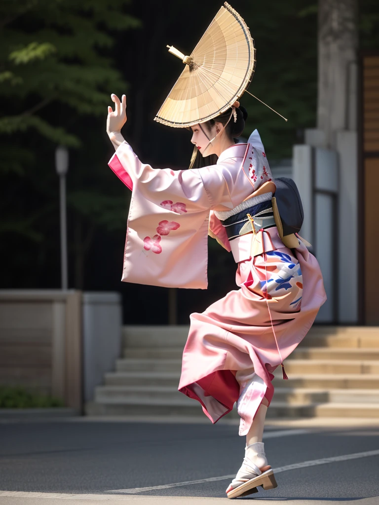  photorealistic quality 、 A woman wearing a pale pink kimono and hat is in the park ,  traditional Japanese kimono ,  Craftsman's Masterpiece ,  beautiful image ,  Japanese Model,  traditional Japanese kimono Japanese Bon dance , gentle and gentle expression 、 a woman who performs Awa dance 、White Arms、A woman wearing black clogs , The background is an asphalt street lined with skyscrapers in a city with blue skies,