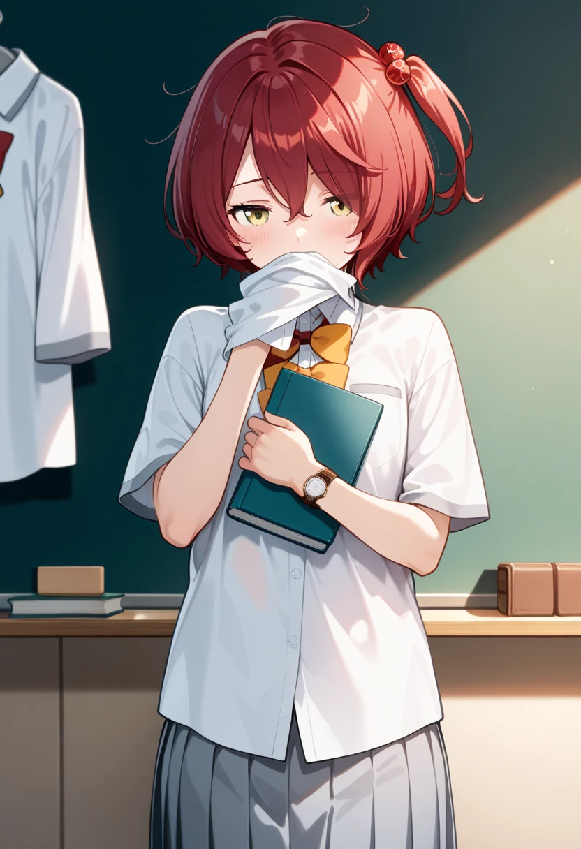 Aakomari ,  short hair, Red Hair, one side up, hair bobbles,  school uniform,  red ribbon , yellow bow ,  shirt with shirt,  white shirt,  Unworn Shirt , Short sleeve,  pleated skirt , gray skirt, Alone,  book, classroom, Alone,  Watch Viewers ,
 ultra detail, masterpiece, up to date,  top quality 