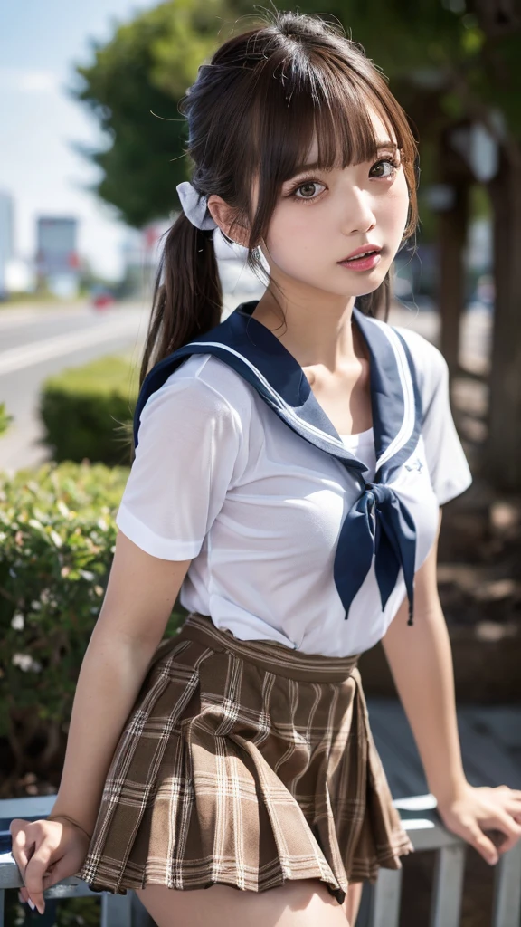 (masterpiece, highest quality:1.2), 8k, official art, RAW photo, incredibly absurd, ( sailor suit, serafuku:1.4), amazing beautiful girl, amazingly cute face, (navy pleated skirt:1.1), close, school uniform, short sleeve, gardenia, violaces, teen, street, looking at the viewer with a smile, no makeup, film grain, chromatic aberration, sharp focus, face light, dynamic lighting, cinematic lighting, detailed eyes and face,short hair、(((white skin without moles)))、 background bokeh、super slim thighs、((Erotic Panties are showing through、beautiful pussy line))、(High twin tails with ribbons:1.4),,(((A  with an extremely cute young face:1.35))), 、(very young  with big breasts:1.2)