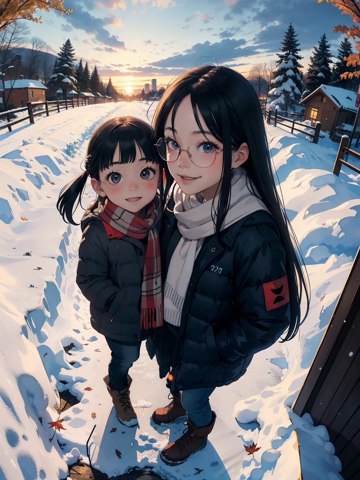 masterpiece， Top Quality ，   high image quality ，(  super flat  ，  FLAT SHADING   )，Glasses， beautiful dark hair，  fisheye lens， is a raised pig and her cute  daughter、Adorable petite young mother :1.25，  warm scarf  ，  Down Jacket，(naked)，  long hair，   boots，smile, smile，   White Breath，fun, play， looking over the autumn city from the park garden ， autumn leaves，Snow Scene，Autumn sky，dusk，   Beautiful Sunset  ，Wide angle，  bright color，watercolor,   Ghibli style，Strong winds，Girl Temptation，  girl  &#39;Lure，