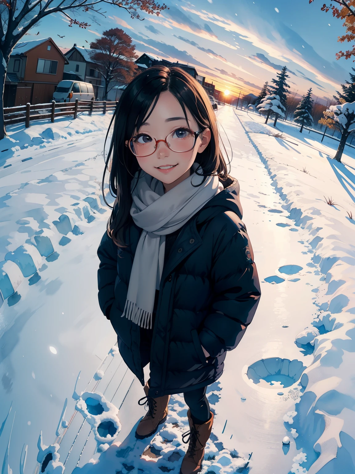 masterpiece， Top Quality ，   high image quality ，(  super flat  ，  FLAT SHADING   )，Glasses， beautiful dark hair，  fisheye lens， is a raised pig and her cute ****** daughter、Adorable petite young mother :1.25，  warm scarf  ，  Down Jacket，(naked)，  long hair，   boots，smile, smile，   White Breath，fun, play， looking over the autumn city from the park garden ， autumn leaves，Snow Scene，Autumn sky，dusk，   Beautiful Sunset  ，Wide angle，  bright color，watercolor,   Ghibli style，Strong winds，Girl Temptation，  girl  &#39;Lure，