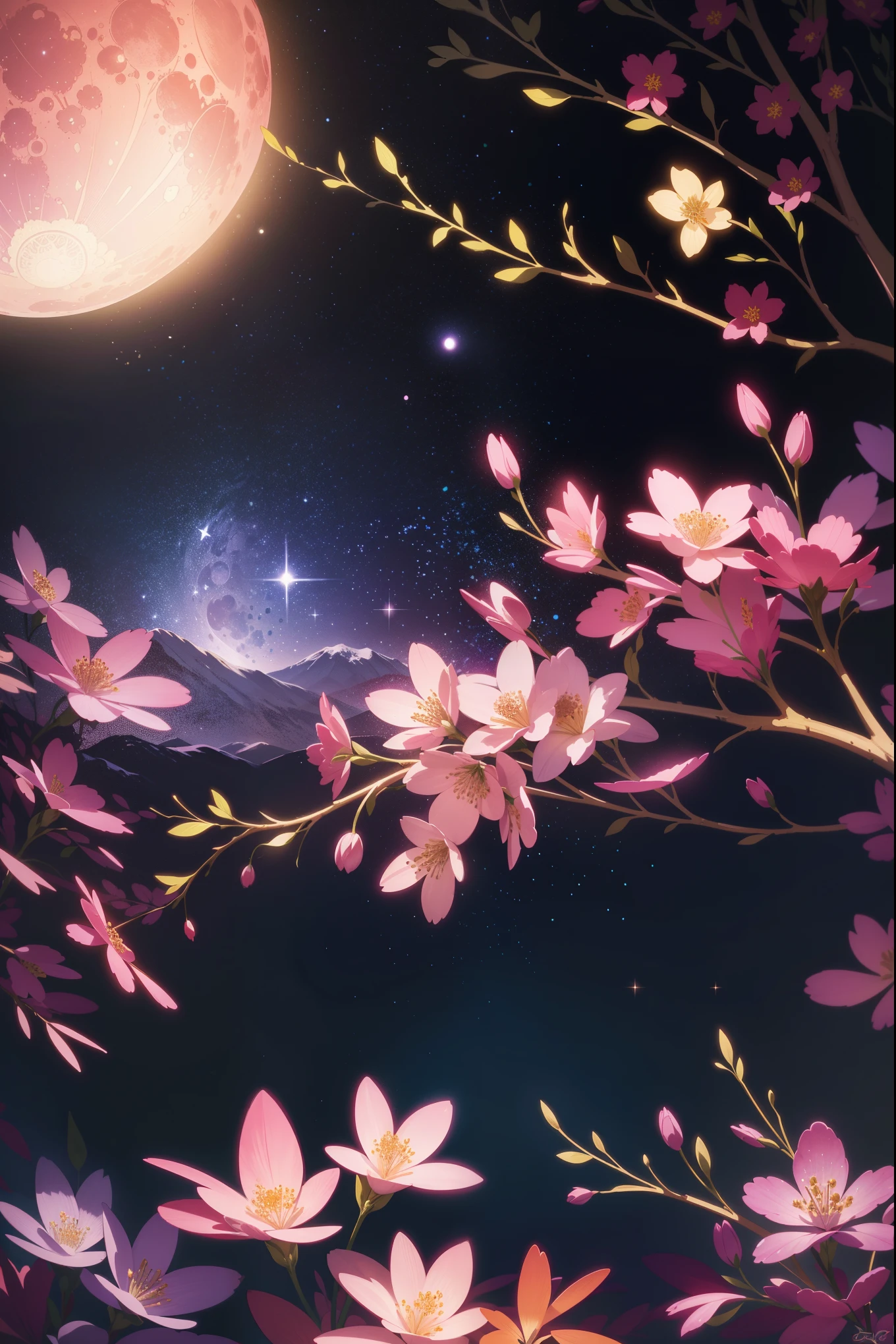 paint (strokes)+, atmosphere, nature scenery, aspect ratio 1:1, raytracing, Bokeh, smooth, (colorful), (detailed complex busy background: 0.8), fantasy flowers, (night:1.4), intricate details, beautiful glitters, flat illustration, detail love, (ultra-detailed), photon mapping, ((intricate details)), (big pink moon)