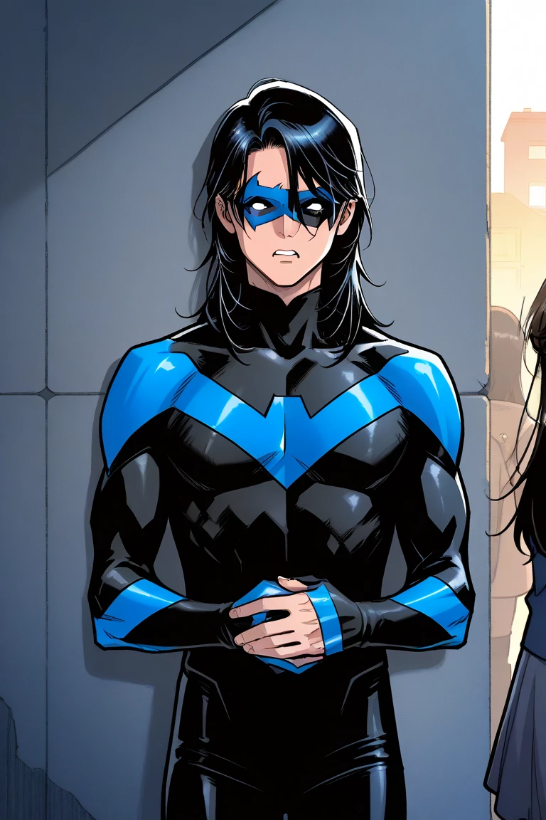 Back Alley,  Japanese with a cool and handsome face ,  beautiful young young man 18 years old , nightwing costume, Nightwing eye mask height 190 cm,  long hair,  long bangs,Nightwing cornered by a wall, Raise your hands and surrender,  frightened,