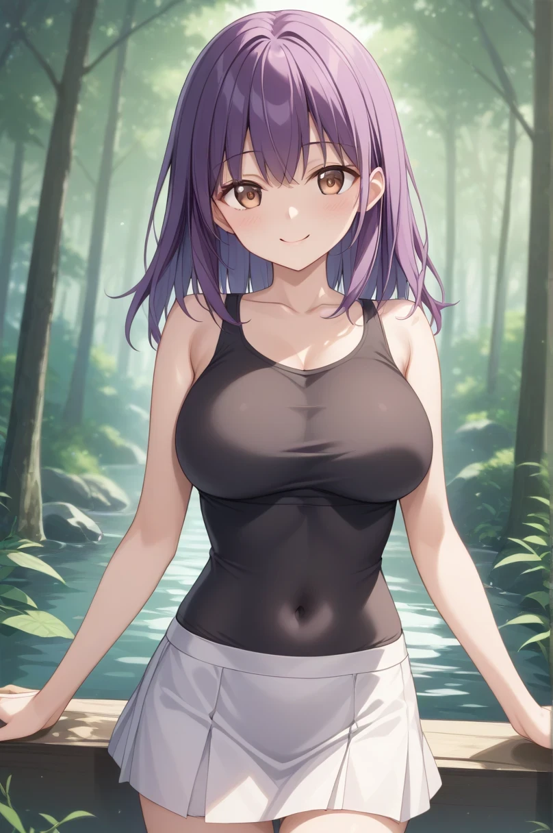 score 9、score 8 up、score 7 up、score 6 up、score 5 up、source anime、anime coloring、 top quality 、 high res、masterpiece、1girl、Purple Hair、 long hair、 brown eyes、 medium hair、 wave hair、eyelash、Alone、 black tank top 、Big Breasts、 girl with big breasts、 Skin Tight Tank Top 、collarbone、 white mini skirt、covered navel、 white tight skirt 、 small smile 、 is standing、Outdoors、(forest, Dawn,  speckled sunlight )、looking at viewer、 cowboy shot、dutch angle、