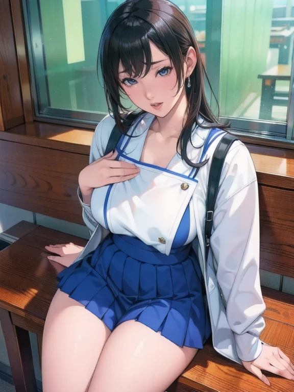 (drooping eyes, looking away), in front of the mirror, angle from below, clerk uniform, ID card, a department store, customers, a little fat, eyes realistic sizing, open mouth, (selfie inside her skirt herself while peeing), crouching, place her smartphone is in front of her panties, spread the most wide her legs, touching her crotch with hand,