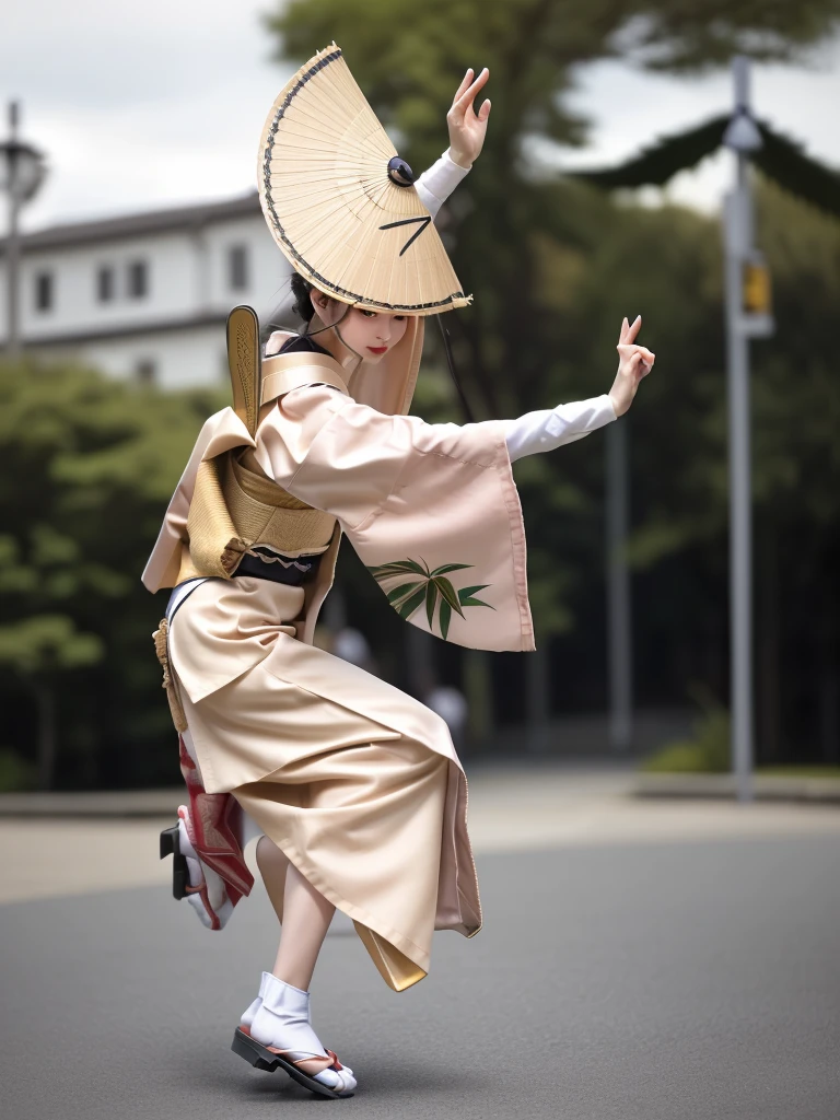  photorealistic quality 、A woman wearing a pale pink kimono and hat is dancing on the park lawn,White sleeves、  traditional Japanese kimono ,  Craftsman's Masterpiece ,  beautiful image ,  Japanese Model,  traditional Japanese kimono Japanese Bon dance , gentle and gentle expression 、 a woman who performs Awa dance 、White Arms、A woman wearing black clogs , The background is an asphalt street lined with skyscrapers in a city with blue skies,