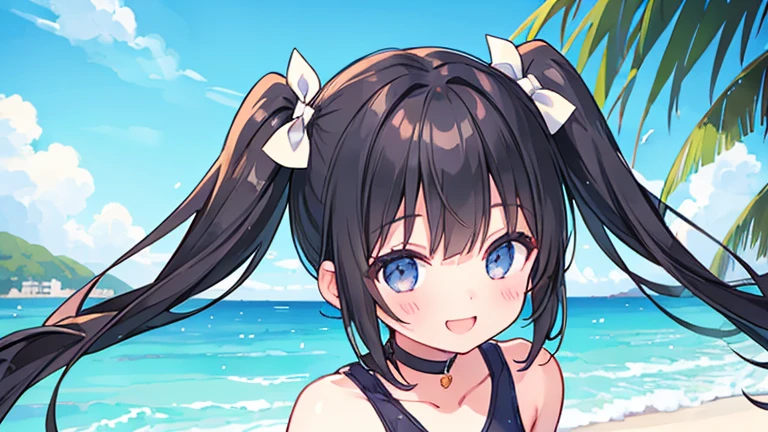 (masterpiece), (best quality)), (ultra-detailed), ((kawaii)), cute, (extremely detailed)), 4K, (8K), best quality, (beautiful), perfect anatomy, perfect hands, motion lines BREAK cowboy shot, dynamic angle:1.3, (from front:1.3), BREAK outdoors, (beach:1.3), Summer, daytime BREAK posing, sexy pose, BREAK Blunt bangs, straight hair, (short ponytail:1.2), black hair BREAK 1 girl, 16 years old, solo, (teen), (cute:1.2), ((small breasts:1.2)), (short of a person:1.2), (slim, slender:1.3), beautiful face, small eyes, thin lips, double eyelids, (beautiful black eyes), ((beautiful eyes)), BREAK frilled bikini, BREAK (big laugh, smile:1.2), (blush:1.3), (wet:1.4) BREAK (pussy juice:1.0),