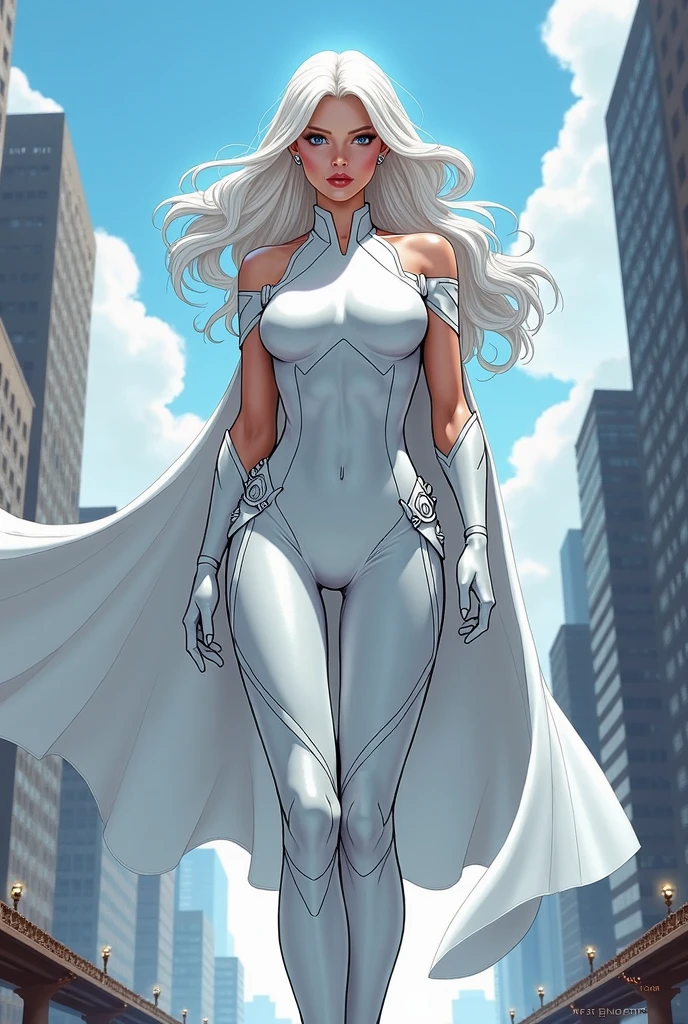 (best quality,8k:1.2,high resolution:1.2),ultra-detalhado,Realistic,retro science fiction female superhero,very long curly hair,rosto extremamente detalhados,long eyelashes,all sheer white Collant de nylon Apertado,pantyhose,white latex gloves, white Glossy plastic accessories,Physically-based rendering,foco nítido,studio lighting