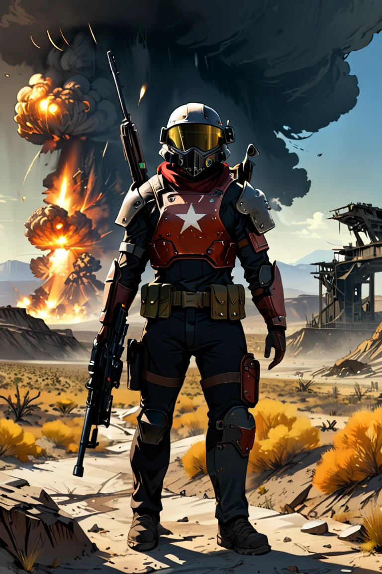 comic style 1.0, Game "Fallout New Vegas",weapon, 1girl, gun, armor, rifle, long_hair, 1boy, black_hair, helmet, A wild 1boy athletic wearing a post apocalyptic suit and two brutal axes in hands, red colored suit and black stripes on his arms. 
Post apocalyptic scenario, desolate atmosphere, dystopian landscape, weapon, 1girl, gun, armor, rifle, long_hair, 1boy, black_hair, helmet, badland landsacpe wilderness, (Masterpiece, Best Quality, professional, perfect composition, very aesthetic, absurdities, ultra detailed, intricate details:1.3), nuclear explosion in background 
, of a post apocalyptic future, a soldier of a post apocalyptic , fallout style. comic style 1.0
