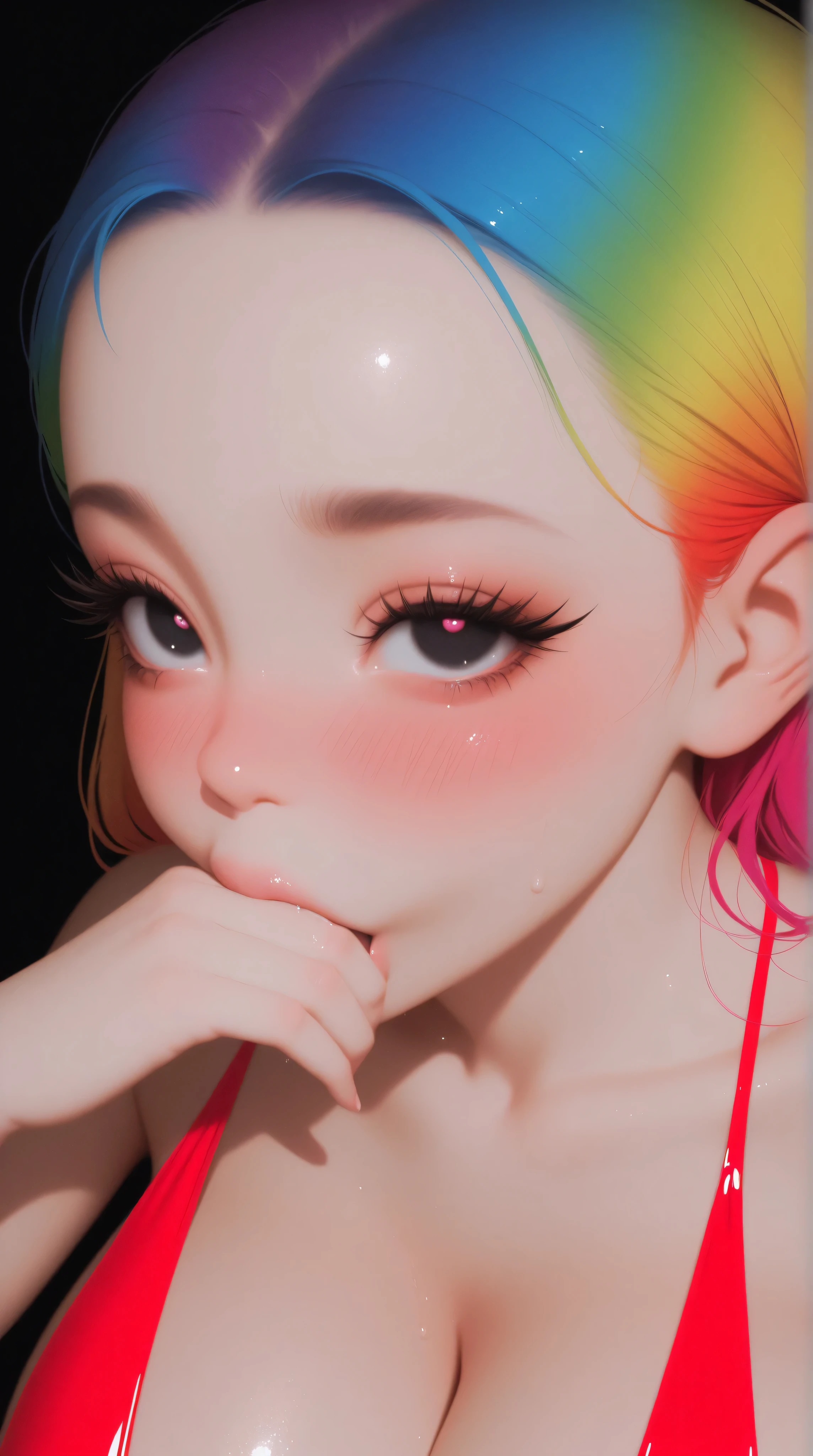 asian high school girl, plunging neckline, rainbow hair, bangs, with colorful eyes and huge eyelashes, Lewd, horny, huge breasts, edgy graphic design with a multi neon colored palette, (sexy pose), seducing viewer, big black eyes, ulzzang, portrait, (anime), manga, sexy, irridescent rainbow Latex, 8k,Highest quality,masterpiece, Sharp focus, solid black background, soft lighting, fist in mouth, deepthroat, ahegao, heavy blushing,