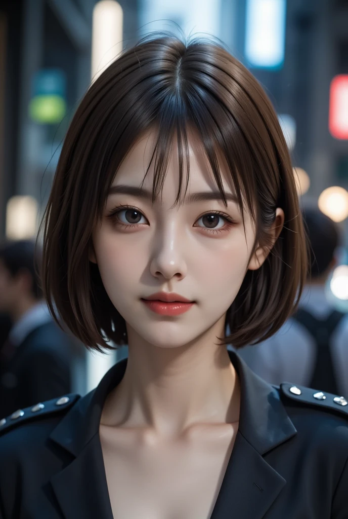 Realistic, Tabletop, highest quality, RAW Photos, One girl, alone, Red Hair、Handsome Short Hair, Detailed face, Fascinating face, Black collared shirt, Medium breast, Dynamic pose, Watching the audience, From below, Detailed Background, Detailed, Intricate details, Ray Tracing, Depth of written boundary, Low Key, nffsw