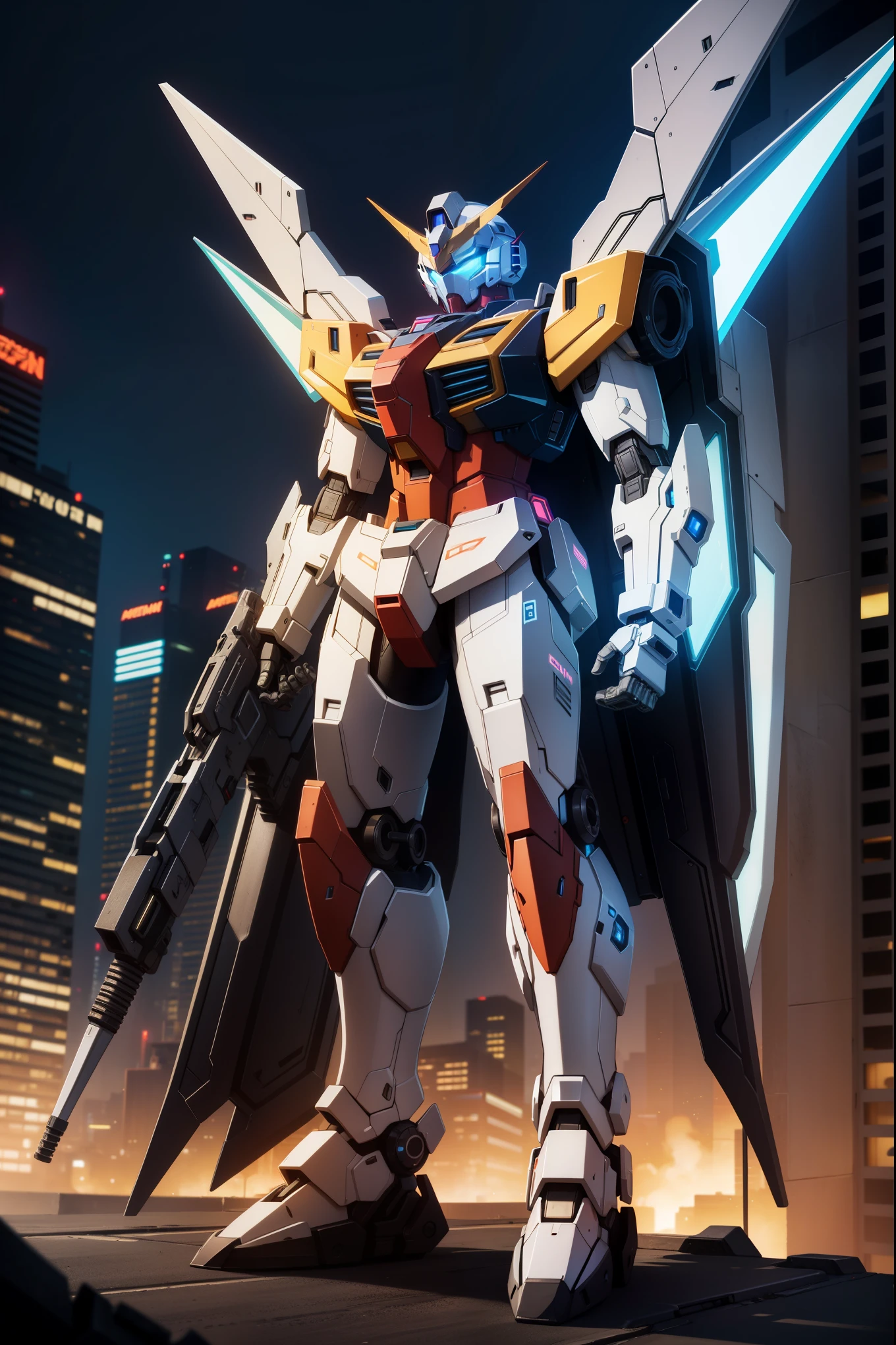 extreme quality, intricate details, full body mecha photo, neon cyber punk Gundam, circuit armor, digital weapons, cyber punk neo Tokyo, cinematic lighting, volumetric lighting