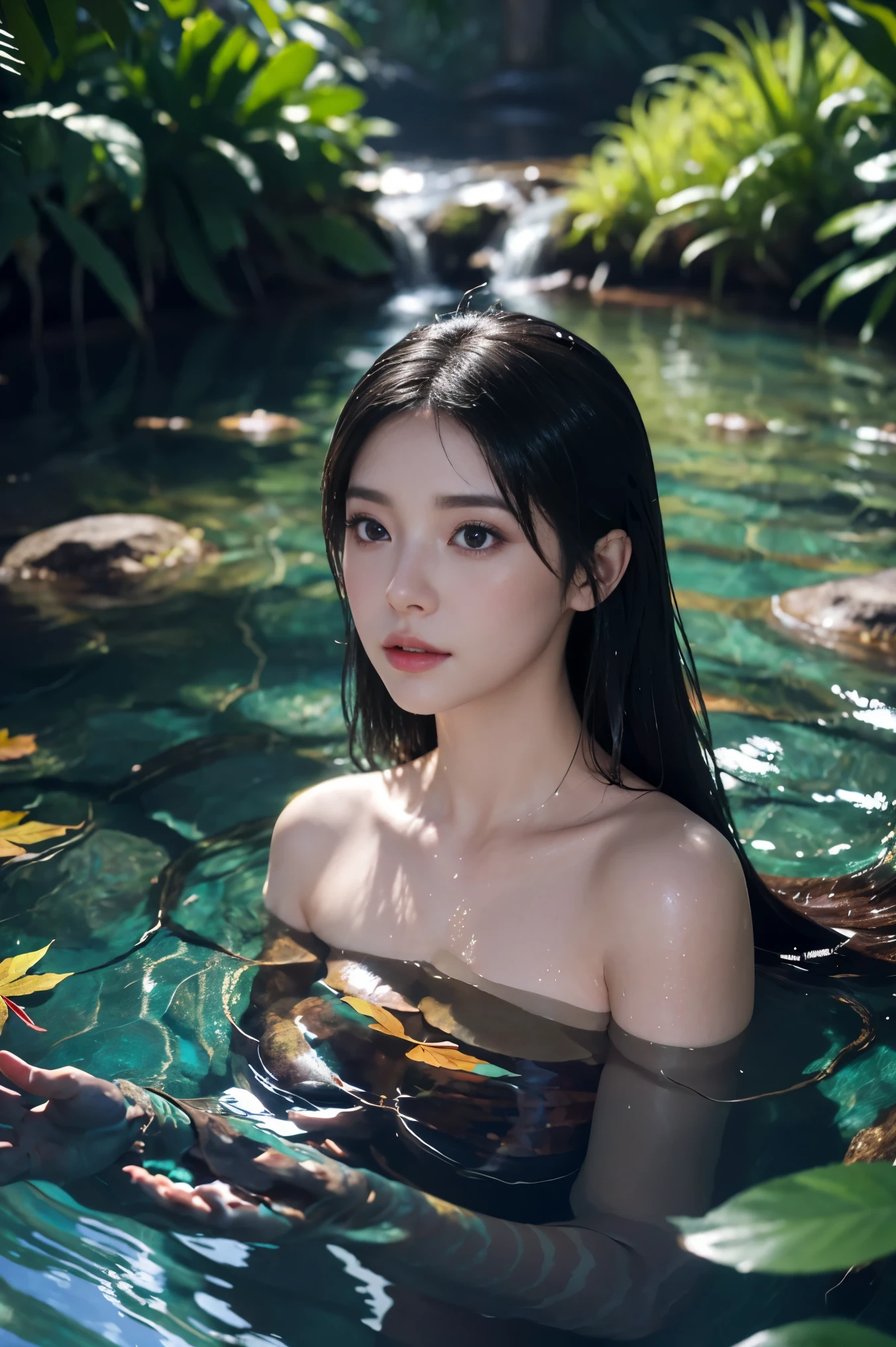 high quality, 8K Ultra HD, beautiful Goddess of the Moonlit Lake, Discover the enchanting beautiful Goddess of the Moonlit Lake, who emerges from the water under the moon's soft glow, Adorned in flowing aquatic attire, she embodies the beauty of the moon's reflection on the lake's surface, Ethereal water creatures, such as water nymphs and luminescent fish, surround her, creating an aura of aquatic wonder, The color palette features moonlit blues, aquatic greens, and hints of silvery moonlight, evoking the allure of moonlit waters, by yukisakura, high quality,
