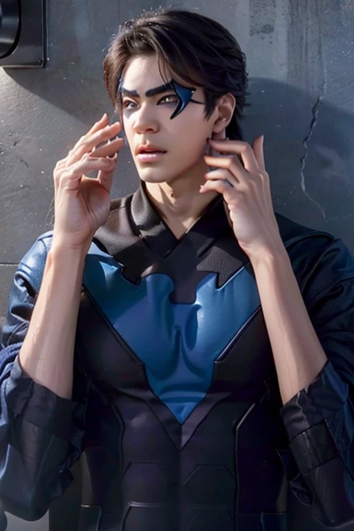 Back Alley,  Japanese with a cool and handsome face ,  beautiful young young man 18 years old , nightwing costume, Nightwing eye mask height 190 cm,  long hair,  long bangs,Nightwing cornered by a wall, Raise your hands and surrender,  frightened,