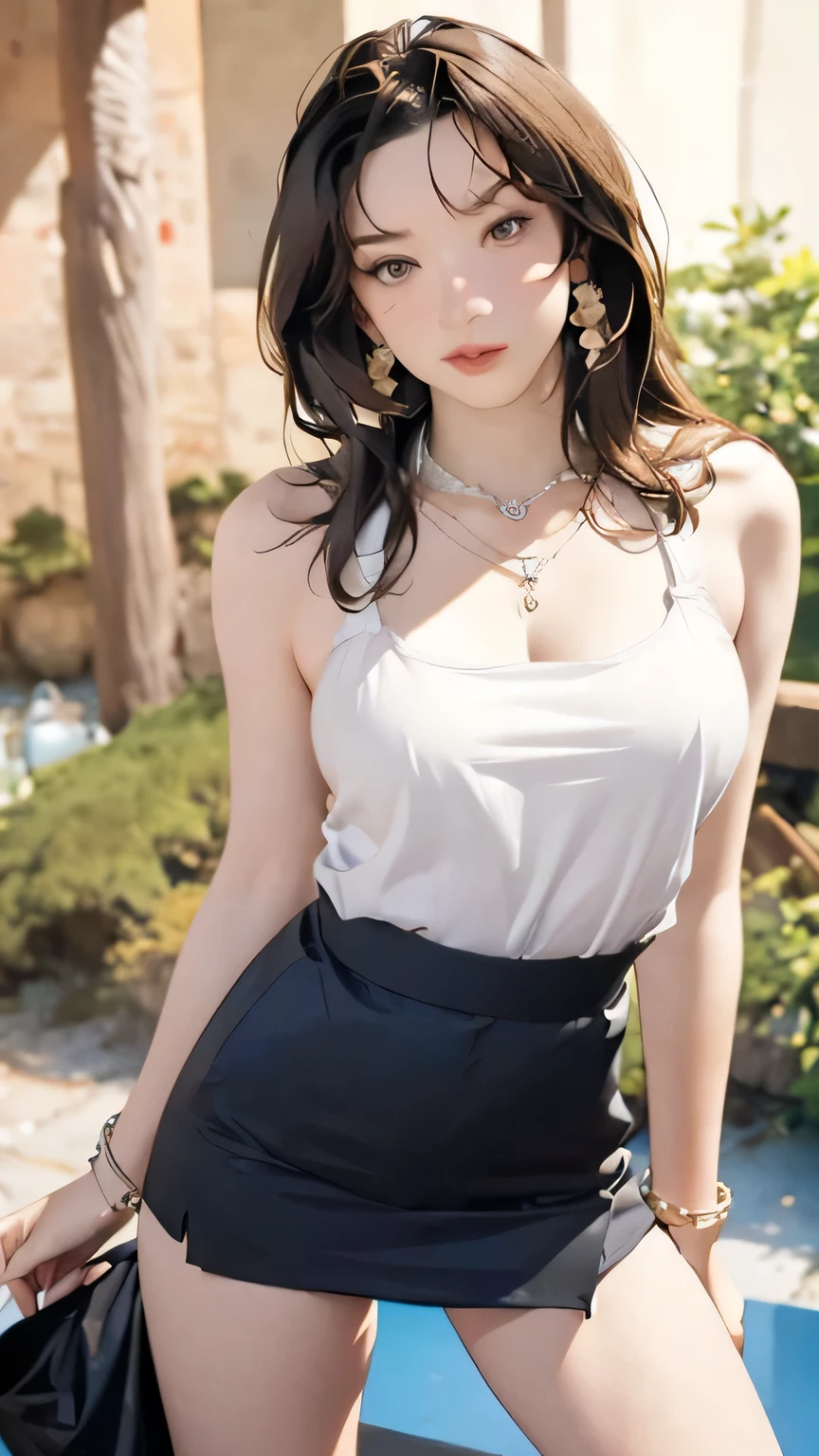 Beautiful woman with perfect body:1.4,layered hairstyle,prominent cleavage,Orange bra:1.5,ultra short pleated skirt,whole body,Highly detailed facial and skin textures,double eyelids,whiten skin,long hair