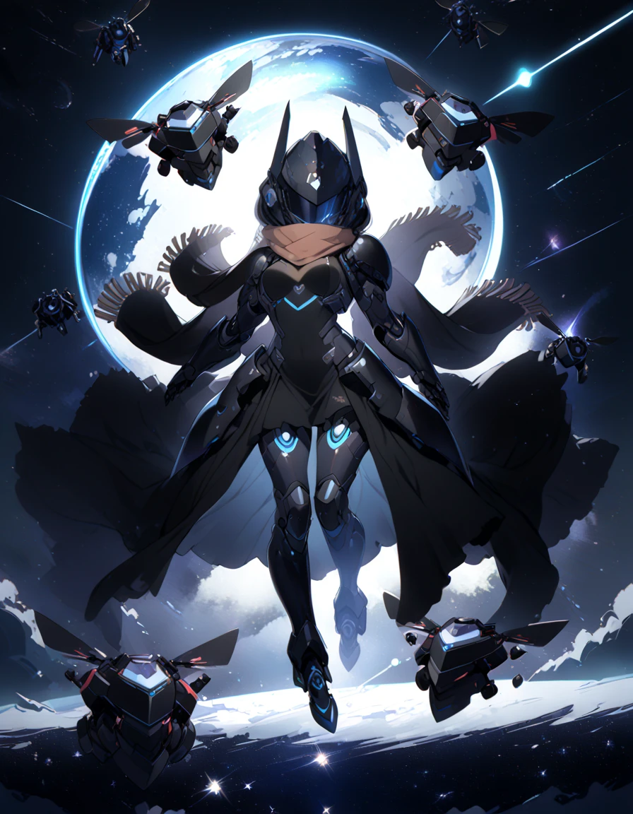 detailed 8k,  female horseman in iron helmet covering her entire face and scarf, with several drones around ,wearing black technological armor with outer space in the background ( full body )