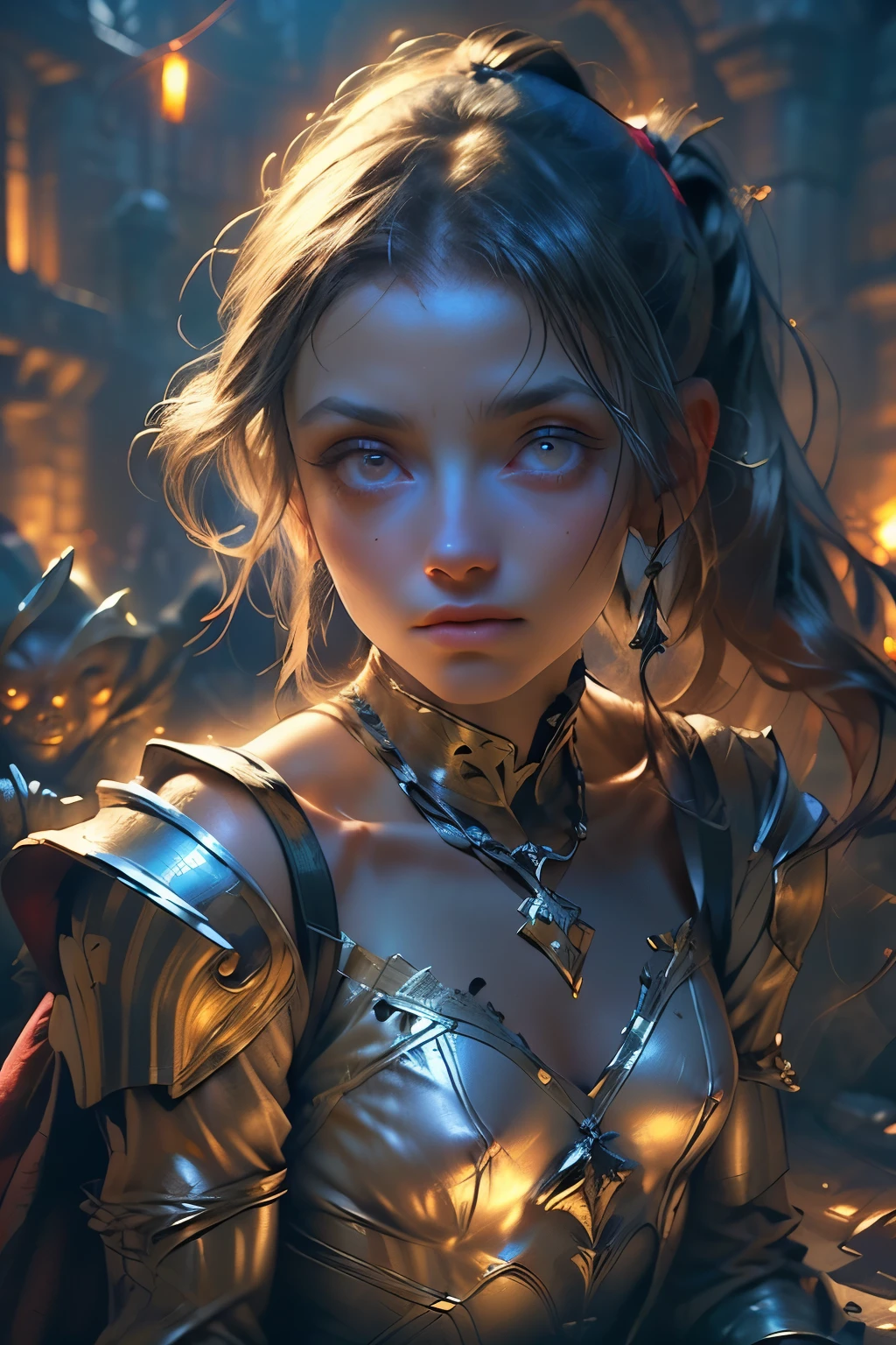 ((best quality)), ((masterpiece)), (detailed), perfect face (((mastepiece, of the highest quality, super detailed))), photorealistic, (heroic composition), (front facing), ((((Highly detailed face)))), small thin nose, Small thin lips mouth, (((Very sharp focused eyes))), ((perfect symmetrical beautiful eyes)), (resolved expression), (resolute expression), ((Dark Souls inspired)), ((Dark Souls aesthetic)), (dark fantasy), (a female warrior blessed by arcane forces), (an occultic warrior priestess), (dirty, grimy, worn clothing minimal but intricate armour), (battle damaged), (torn ribbons and sashes adorning her attire blowing in the wind), (hair caught by the wind), (fiery embers on the breeze), (smoke heavy in the air), (a sense of great conflict and adversity), (holding a sword hilt with no blade), beautiful (((very small breasts))), (((little boobs))), (((tiny breasts))), (((flat chest:0.1))), (((very tiny boobs))), (((very flat chested))), ((brunette)) hair, ((long ponytail, thick ponytail, heavy ponytail)), very long eyelashes, soft lighting, kneeling, penitent, submissive