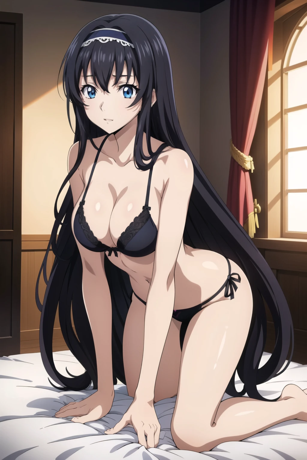 from side, 1 girl, cute, black long hair, (hair band), masterpiece, black_panties, black bras, at her room, white bed, large window, leaning forward, Beautiful Finger, Beautiful long legs, Beautiful body, Beautiful hip, Beautiful character design, beautiful blue eyes, perfect face, (light_smile:0.5), official art, extremely detailed CG unity 8k, perfect lighting, Colorful, Bright_Front_face_Lighting, shiny skin, (anime cels style, Masterpiece, best quality, high resolution, anime colored, anime poster style, anime key visual, sharp, 8k), beautiful blue eyes, full body