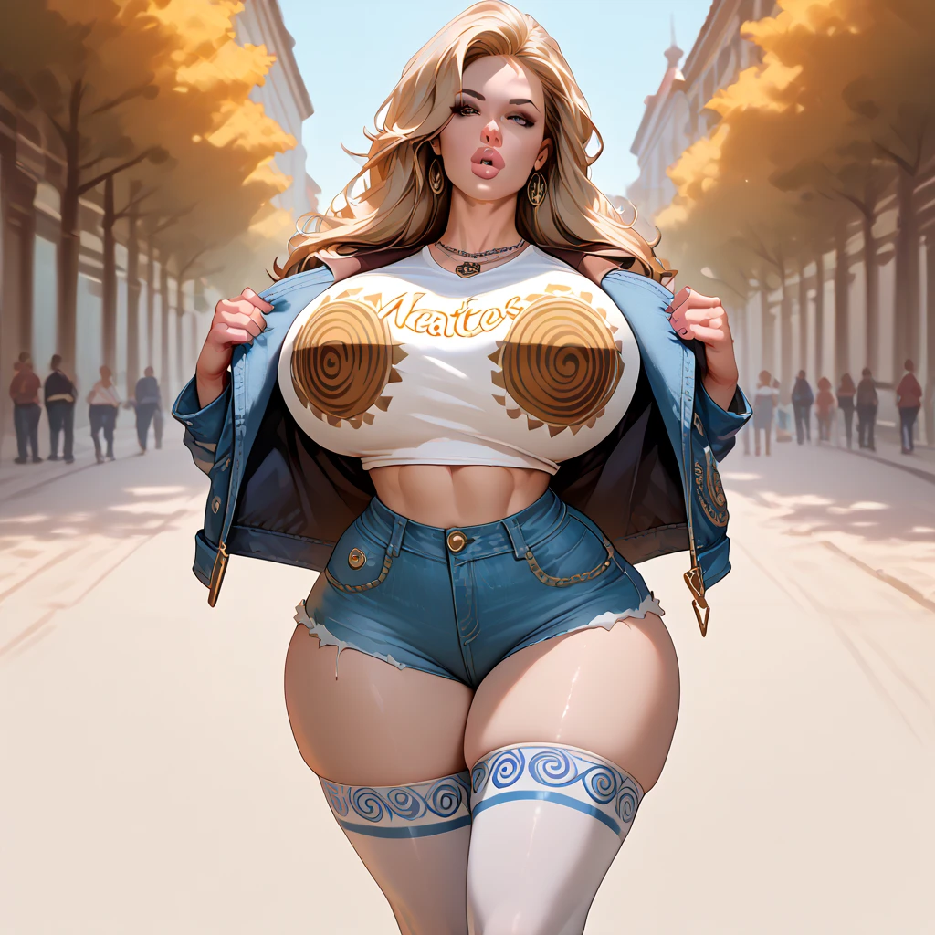 (best quality), (masterpiece), 1 girl, early 20's, huge heavy breasts, thick, thick lips, wide hips, thin waist, spiral print, thighhighs, wearing jean shorts, wearing jacket